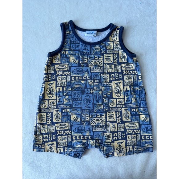 Carter's Other - Carters Vintage Blue Yellow Geometric Fish Print Sleeveless Romper 9-12M